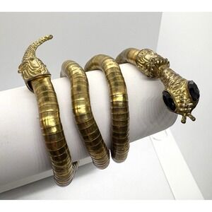 Vintage Coiled Snake Arm Cuff Bracelet‎ Brass Tone Serpent with Black Glass Eyes